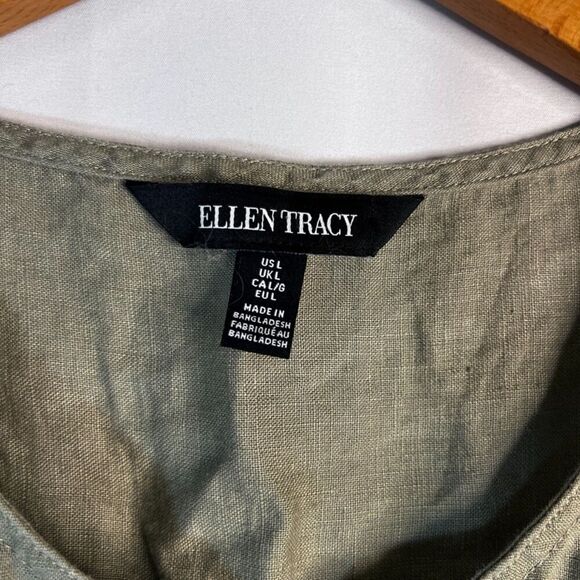 Ellen Tracy Scoop Neck Gold 1/4 Zip 3/4 Sleeve 100% Linen Side Slit Blouse LG - Picture 6 of 10